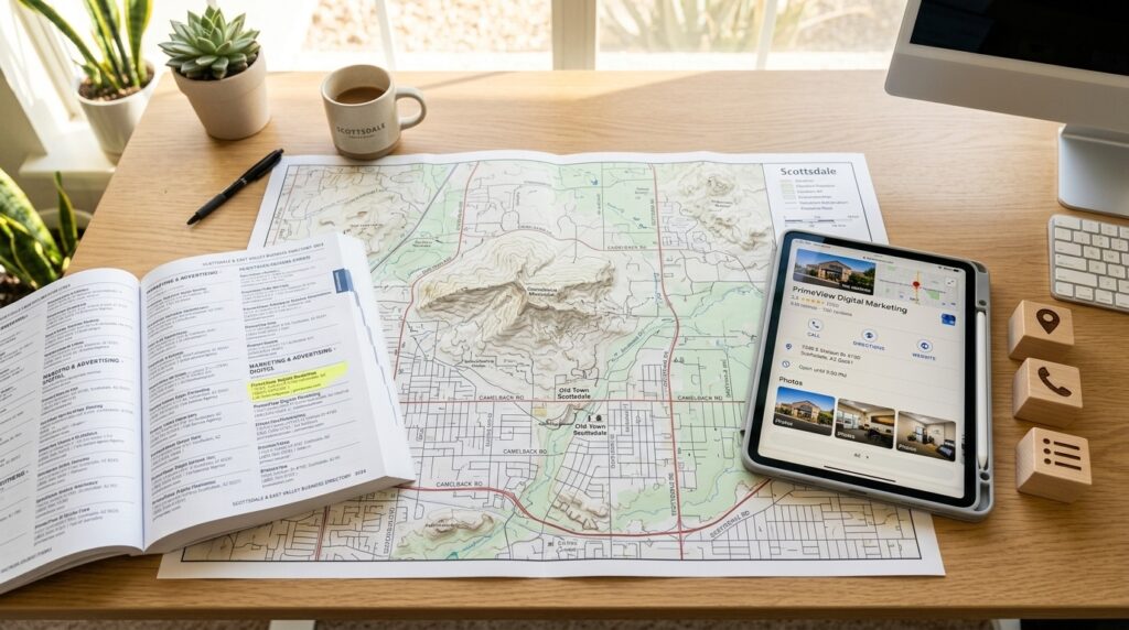 A city map, tablet with a Google Business Profile, and an open directory book representing a citation audit