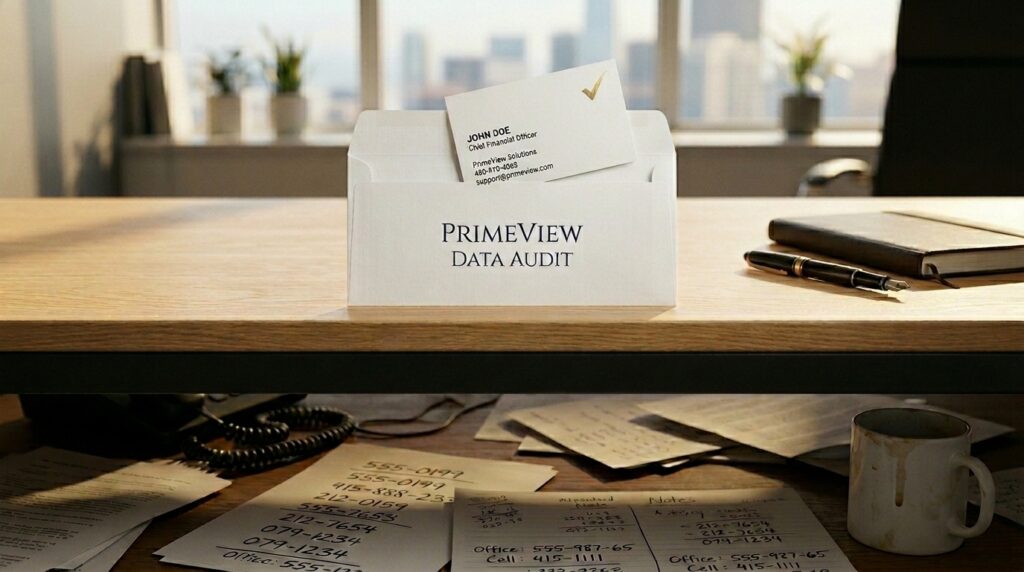A clean desk with a Data Audit envelope and a perfectly formatted business card symbolizing corrected business listings.