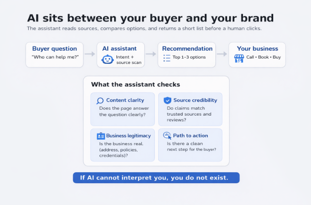 AI recommendation process moving from a buyer question to an AI assistant, recommendation, and business, with checks for content clarity, credibility, legitimacy, and path to action.