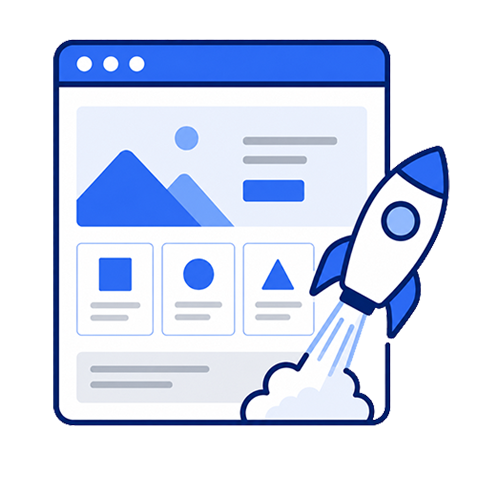 Browser window with a rocket launching, representing a fast website launch.