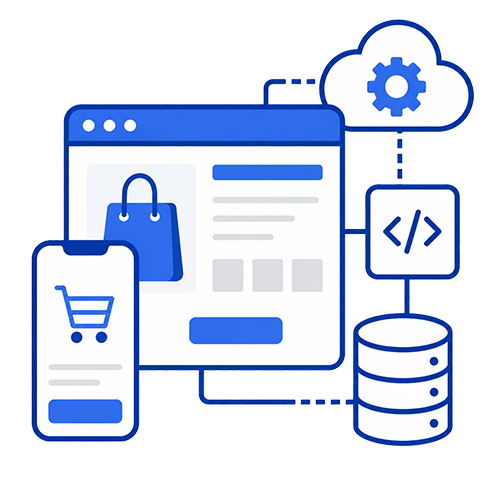 E-commerce website and mobile storefront connected to code, cloud, and database elements, representing a complex app or e-commerce build.