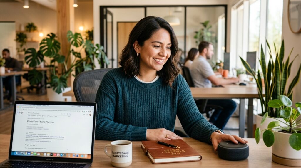 Professional woman interacting with a smart speaker in a modern office to demonstrate voice search optimization.