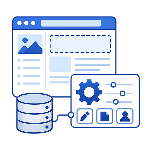 Website dashboard connected to settings and a database, representing a custom CMS website.
