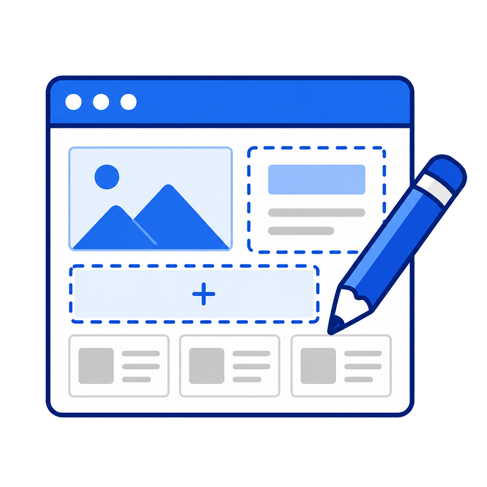 Website layout editor with design blocks and a pencil, representing a custom website build.