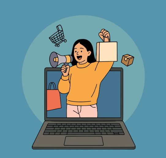 Woman with megaphone and shopping bag coming out of a laptop.