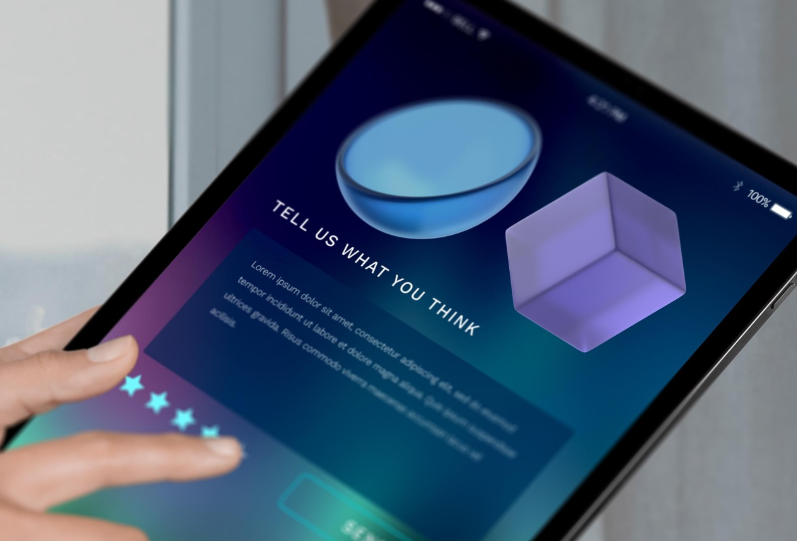 Person leaving feedback or review on a tablet.