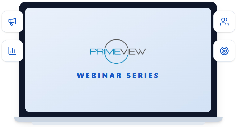 Laptop displaying PrimeView's on-demand webinar library on business growth and marketing